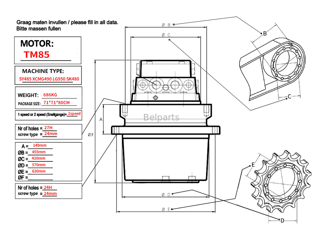 Belparts Excavator Travel Motor assy TM85 SY485 XCM490 LG950 SK480 Τελική κίνηση Assy για kobelco sany