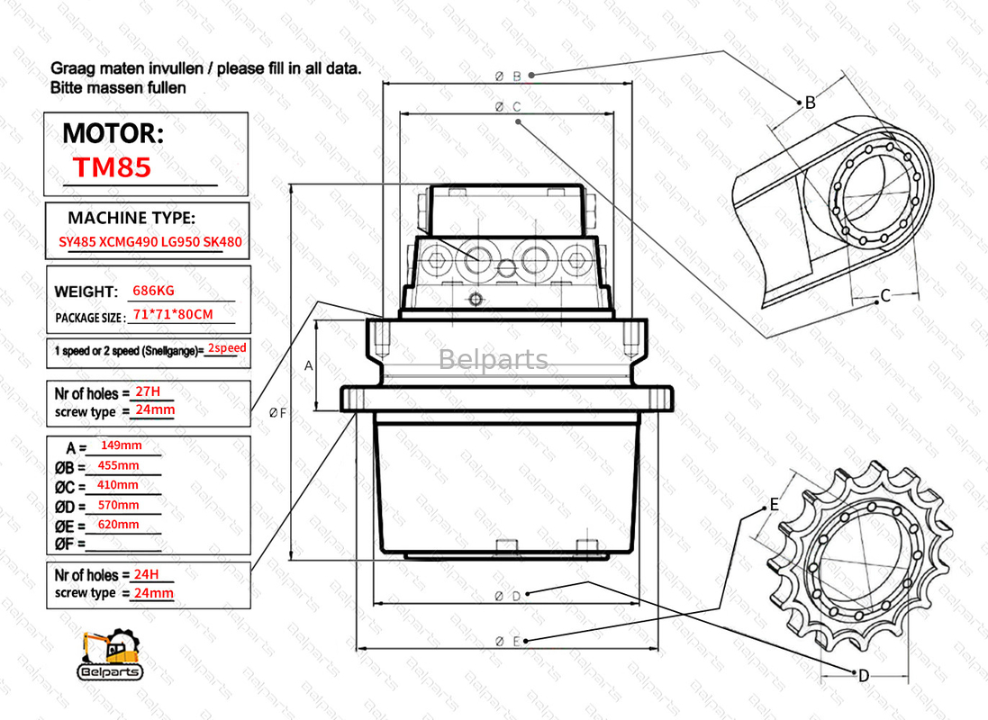 Belparts Excavator Travel Motor assy TM85 SY485 XCM490 LG950 SK480 Τελική κίνηση Assy για kobelco sany