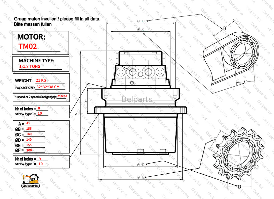 Μονάδες εκσκαφέα Belparts Kubota KX61-3 CX27 IHI 20NX2 U20 U25 U25.3 U25.3 Τελική οδήγηση